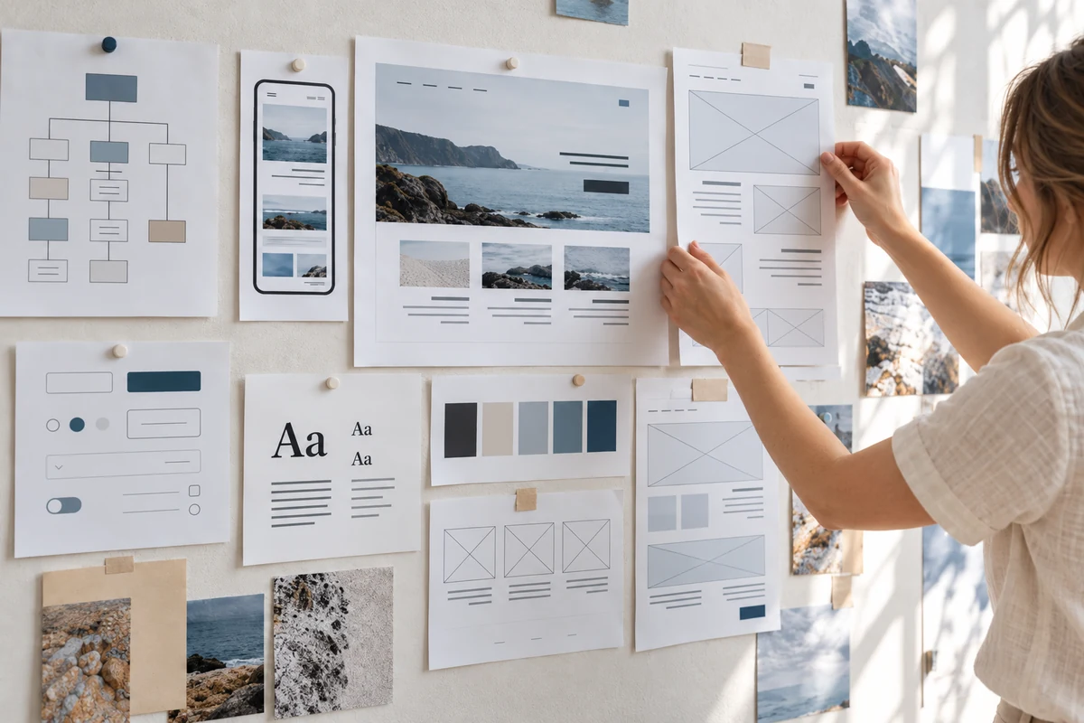Website layouts pinned to a design wall, with a woman in a light blouse arranging them on the right